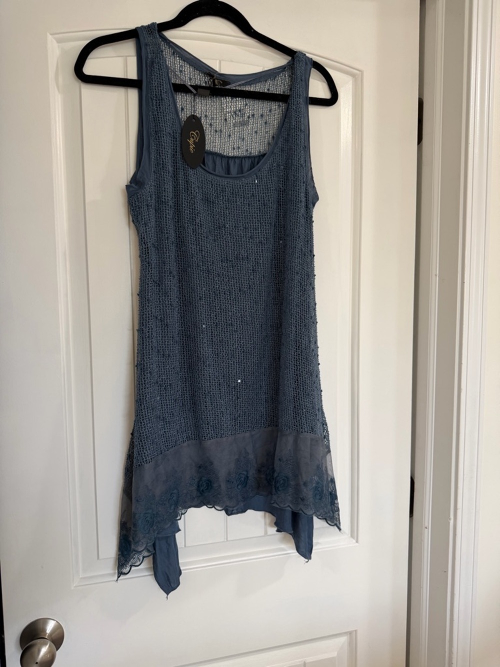 Slate Blue Sleeveless Knit Dress with muted sequins & Sheer Handkerchief Hem